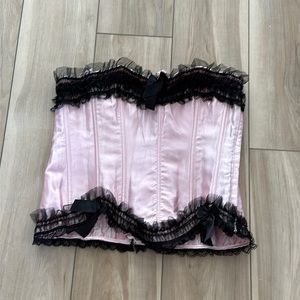 EUC Plus Size 2X Shiny Baby Pink with Black Lace & Bows Tie Up Corset Lingerie